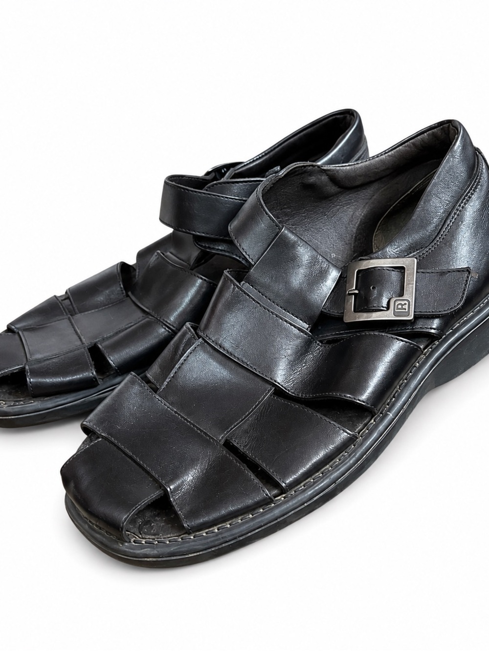 VtG Y2K Kenneth Cole Black Leather Fisherman Sandals Mens 10 Chunky Woven Dad